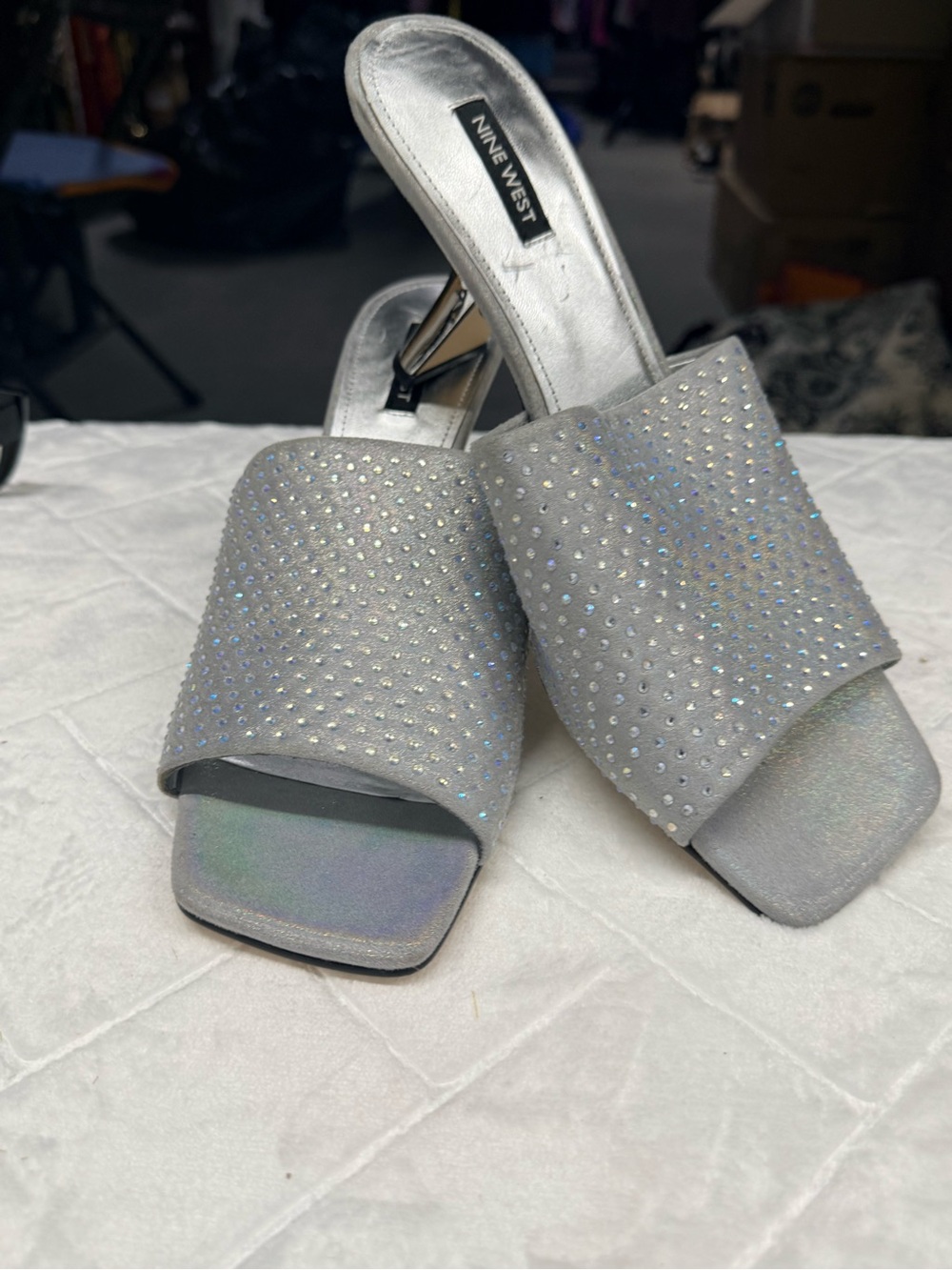 Nine West Silver Rhinestone Slide Mules